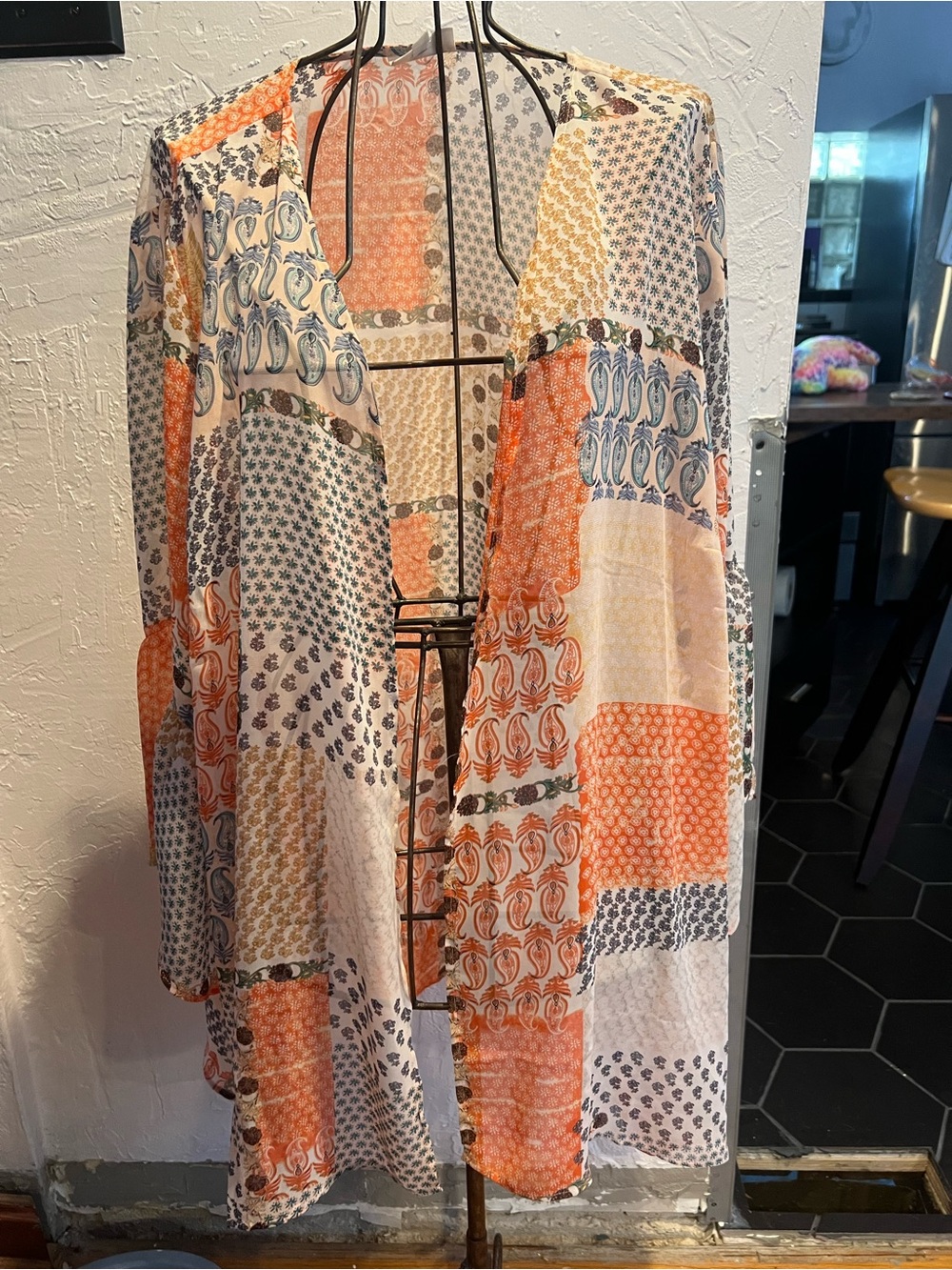 Style & Co. Orange, Cream, Blue Patchwork Kimono Cardigan